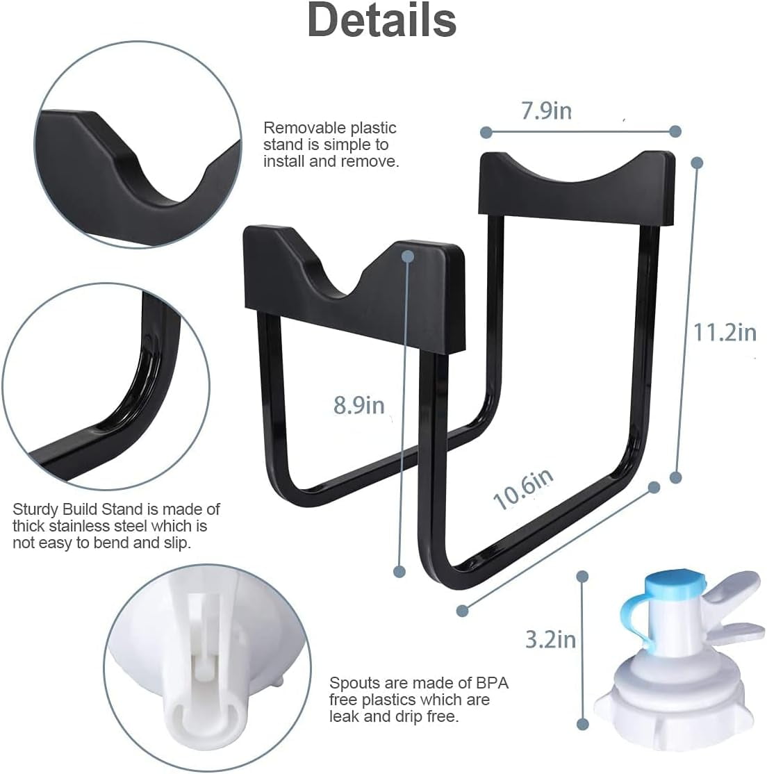 ABPETE Metal 5 Gallon Water Jug Stand Dispenser with 2.15 Inch Dustproof Valve,Non-Slip Drinking Water Cooler Rack with Reusable Spout
