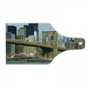 Urban Cutting Board, Skyline of Brooklyn New York USA Cityscape Bridge Buildings and River Coastal Scenery, Tempered Glass Cutting and Serving Board, Wine Bottle Shape, Multicolor, by Ambesonne