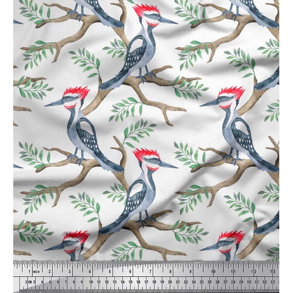 Soimoi White Cotton Cambric Fabric Leaves & Woodpecker Bird Print Fabric by Yard 58 Inch Wide