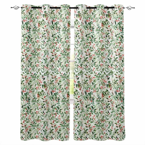 Hokiten Christmas Blackout Curtains | Light Blocking Print Window Curtains, Xmas Botanical Berry Red Green Watercolor Thermal Insulated Window Drapes for Living Room Kitchen (2 Panels, 104"W x 45"L)