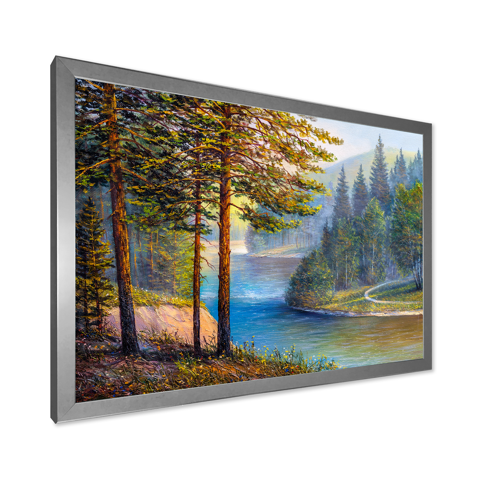 Designart 'Sunrise Glow Through The Pine & Fir Forest' Lake House Framed Art Print