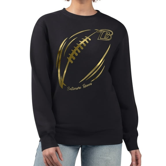 Women's G-III 4Her by Carl Banks Black Baltimore Ravens Metallic Print Football Sketch Fleece Crewneck Sweatshirt