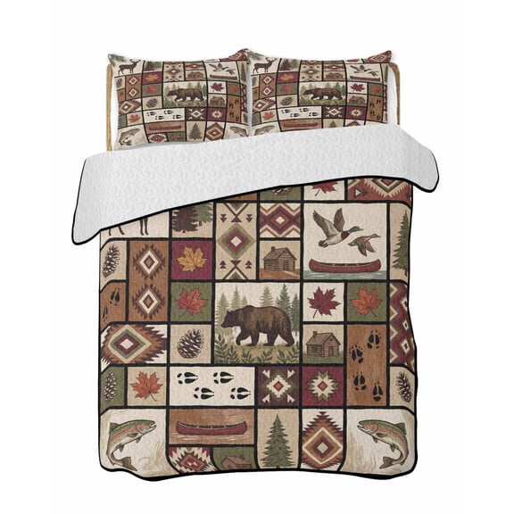 Quilt King Size Bedding Set, Country Patch Plaid Reversible Summer Quilt 3 Pieces, Brown Farmhouse Retro Bear Deer Cabin Lightweight Bedspreads Coverlets with 2 Pillow Shams for All Seasons