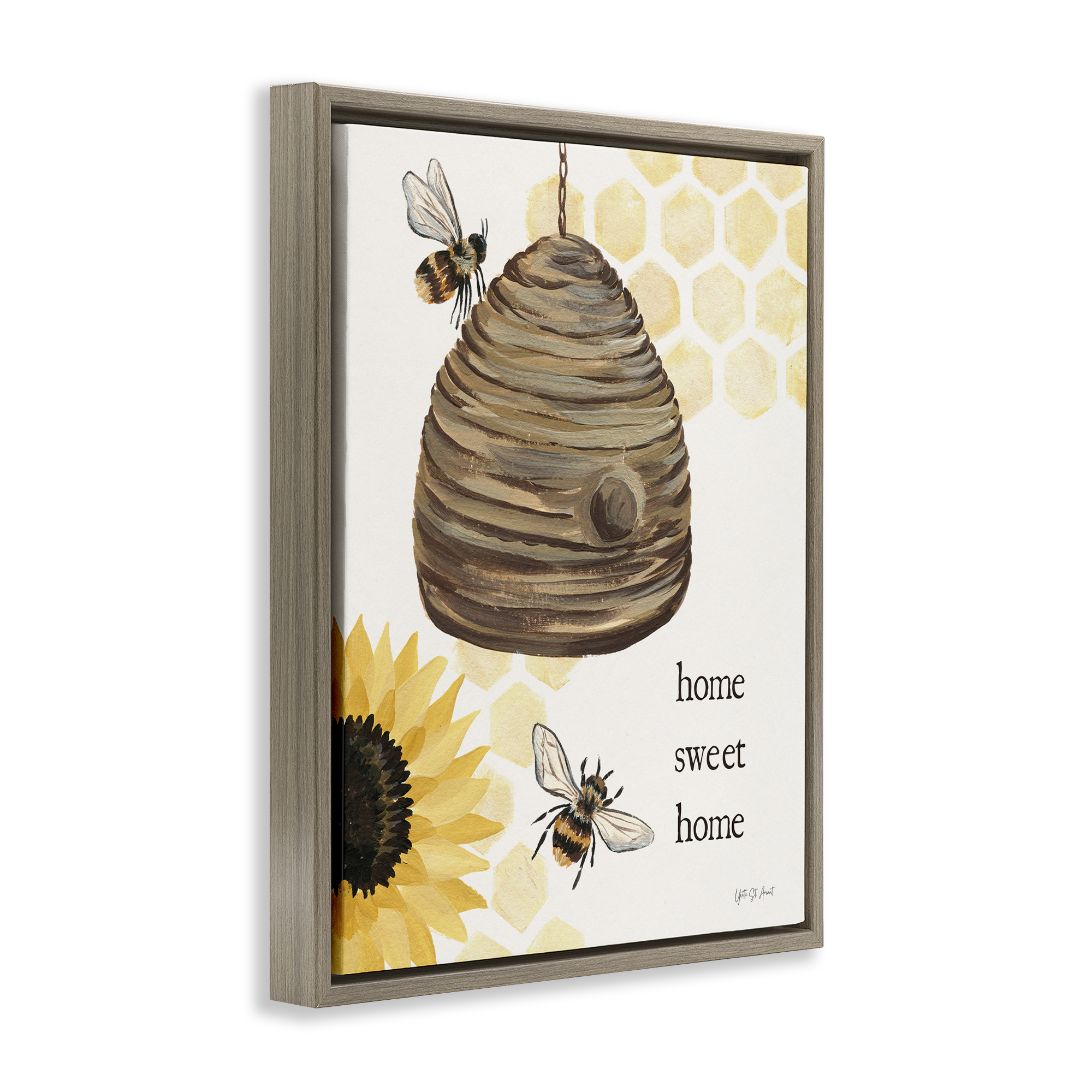 Stupell Industries Sweet Home on Honeycomb Botanical & Floral Painting Brown Floater Framed Canvas Art Print Wall Art, 17 x 21