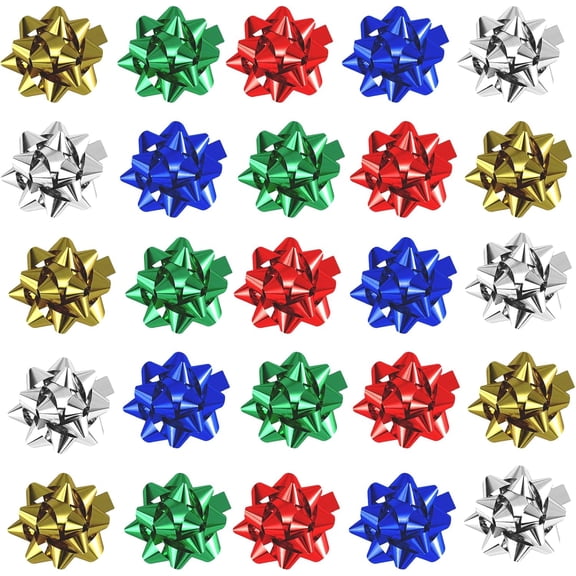 100 Pcs Mini Christmas Gift Bows, 1 Inch Mini Bows, Adhesive Present Bow, Metallic Star Bow for Presents Holiday Party Decoration Christmas DIY Gift Wrapping, Assorted Colors