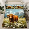 thumbnail image 2 of Manfei Watercolor Highland Bull Twin Sheet Sets, Daisy Blossoms Twin Fitted Sheet, Rustic Lodge Cabin Flat Sheet, Super Cozy Room Decor 3pcs, 2 of 7