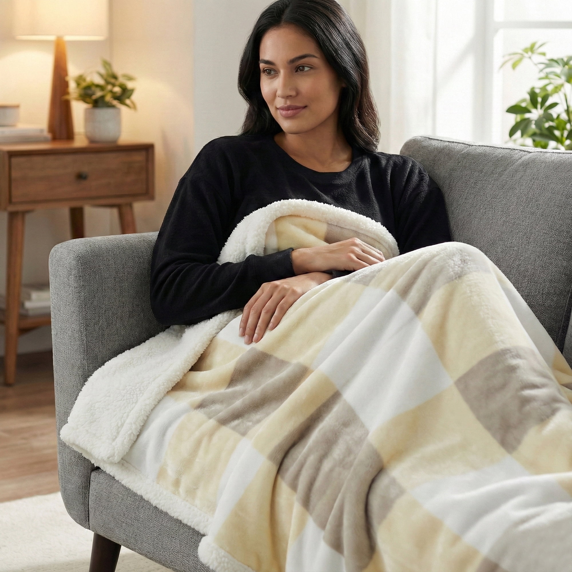 Americanflat - Fleece and Sherpa Throw Blanket - Oversize Plaid - 50x60 Inch - White
