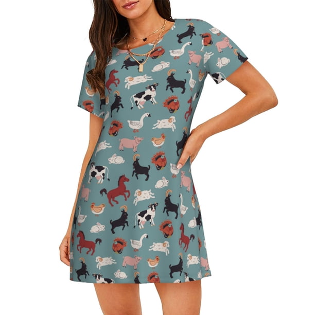 Fotbe Farm Animals 1 Bata de Dormir para Mujer con Estampado, Camisón de Algodón de Manga Corta, Ropa de Dormir Casual