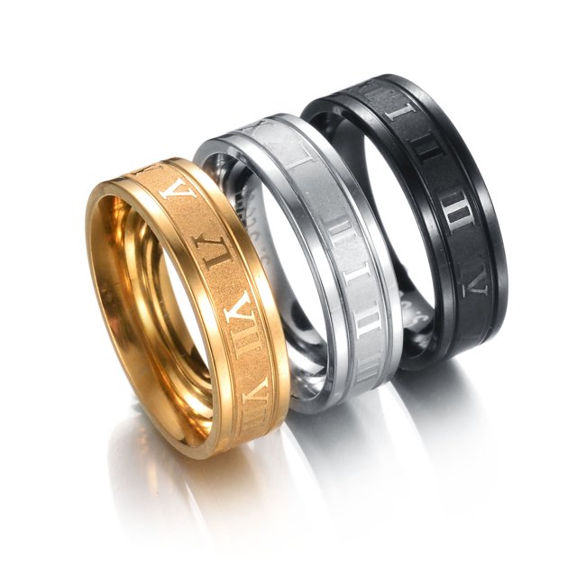 Anillo punk de acero inoxidable con borde recto y números romanos, joyería de acero de titanio Trendy Elements