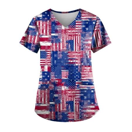 

Sksloeg Women s Scrub Tops Workwear V Neck Short Sleeve American Star Stripes Pattern Nursing Uniform Pattern Scrubs Shirts with Pockets Red S
