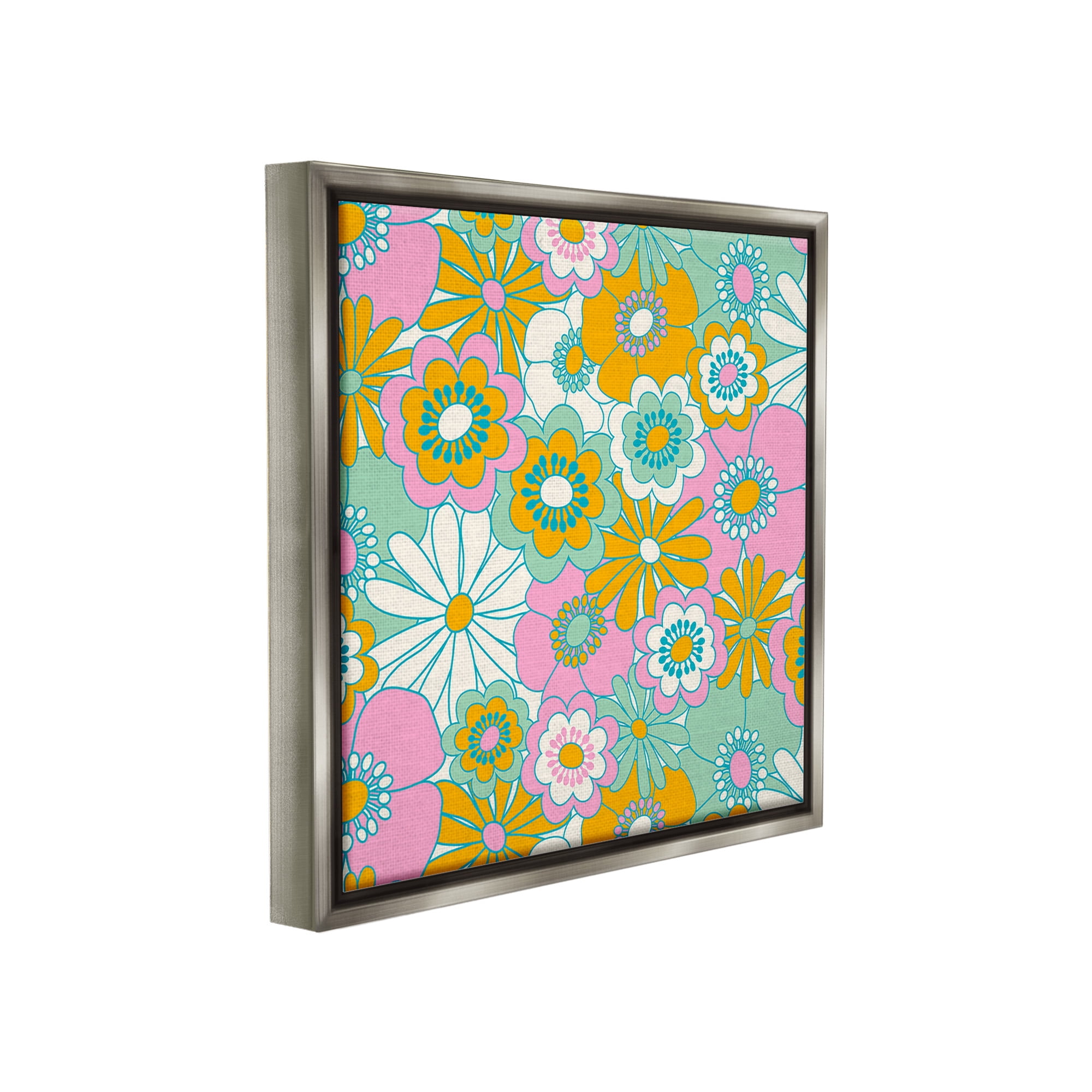 Stupell Industries Groovy Flower Pattern Botanical & Floral Painting Gray Floater Framed Canvas Art Print Wall Art, 18 x 18