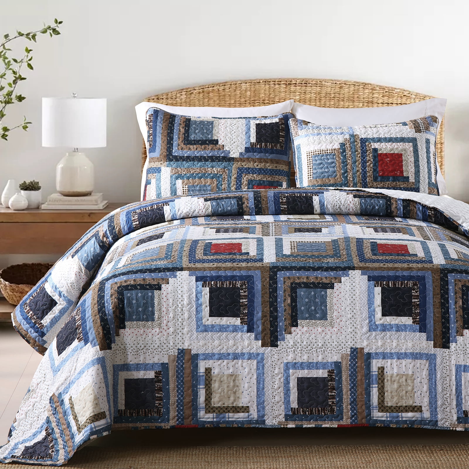 Queen Size Quilt Set, Greagle 3-Piece Soft Warm Lightweight Queen Size Summer Quilt Bedspread Machine Washable Bedding Set with 2-Piece Pillow Shams, 90x90 inch Plaid Print