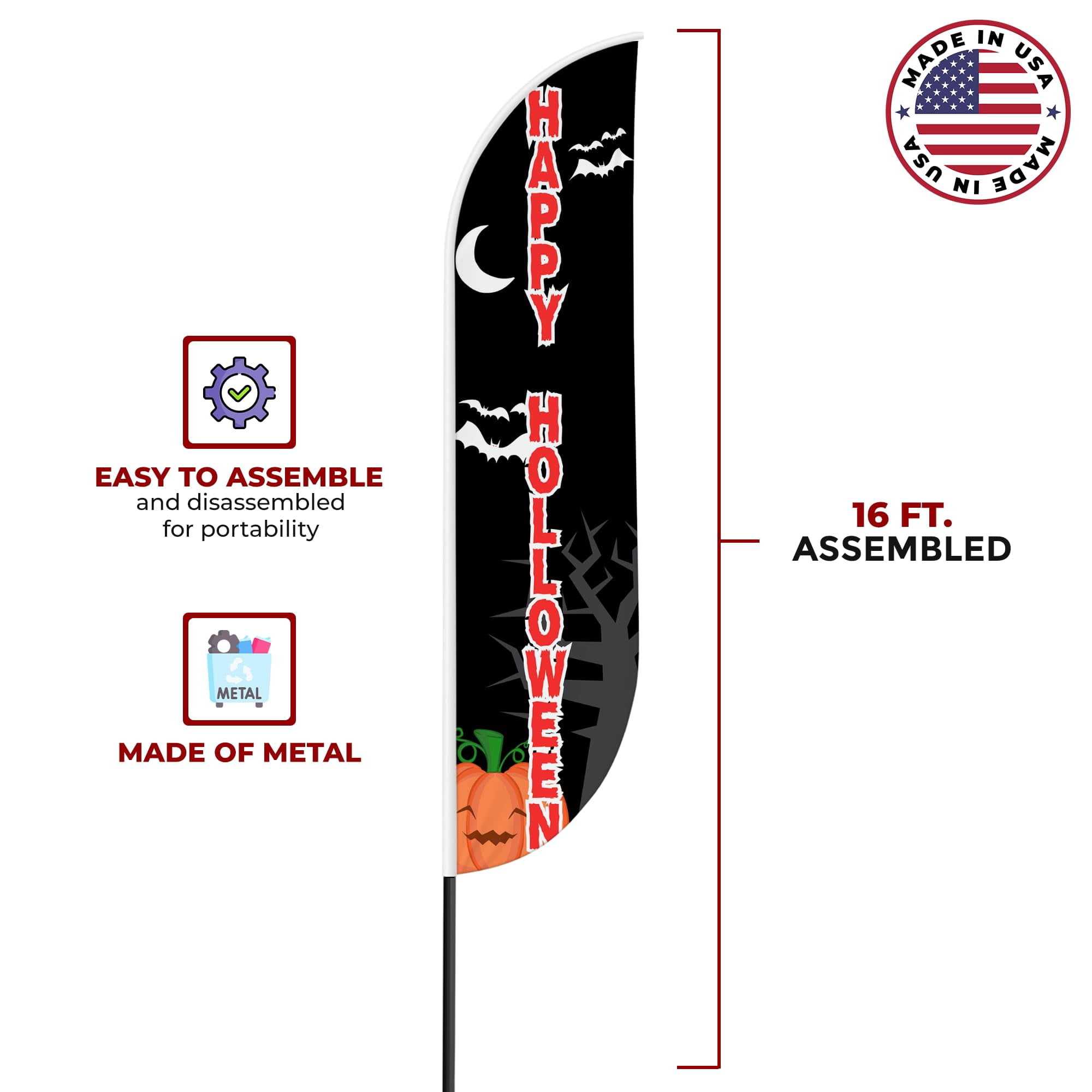 Happy halloween Sign feather flag Pole Kit for Outdoor by Mavis Printing | 15 FEET Long Polyester Outdoor Banner Flag Easy Hang|HD Print Swooper Flag Pole Mount to Celebrate Happy halloween