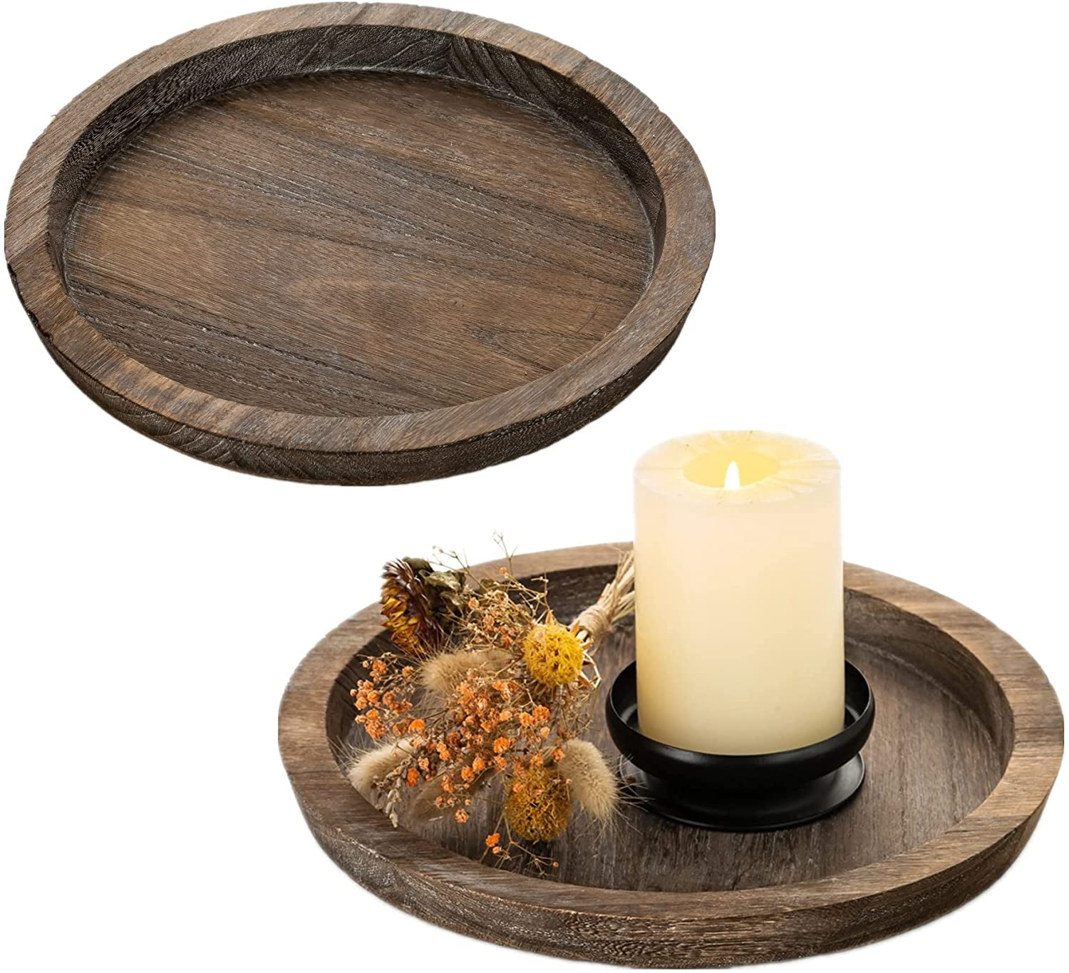 TERRA HOME Candle Holder Centerpiece Coffee Table Decor Decorative Candle Centerpiece with Rustic Wooden Tray and Metal Plate Candle Holders Vintage Look Centerpieces for Dining Room Table 