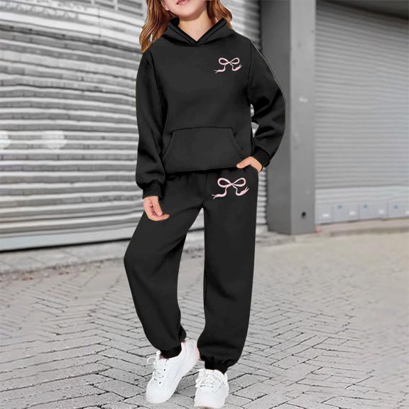 Angala 2 Piece Outfits For Girls Hooded Long Sleeve Bowknot Print Sweatshirt With Jogger Pants Set Girls Autumn Daily Wear Clothes