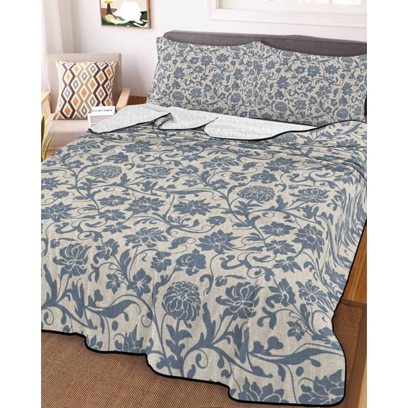 Light Blue Floral Full Size Down Alternative Comforter,Lightweight Comforter Quilt Bedding Set with Pillow Shams Rustic Vintage Flowers Botanical Spring All Seasons Bed Comforter Duvet Insert 78"x90"