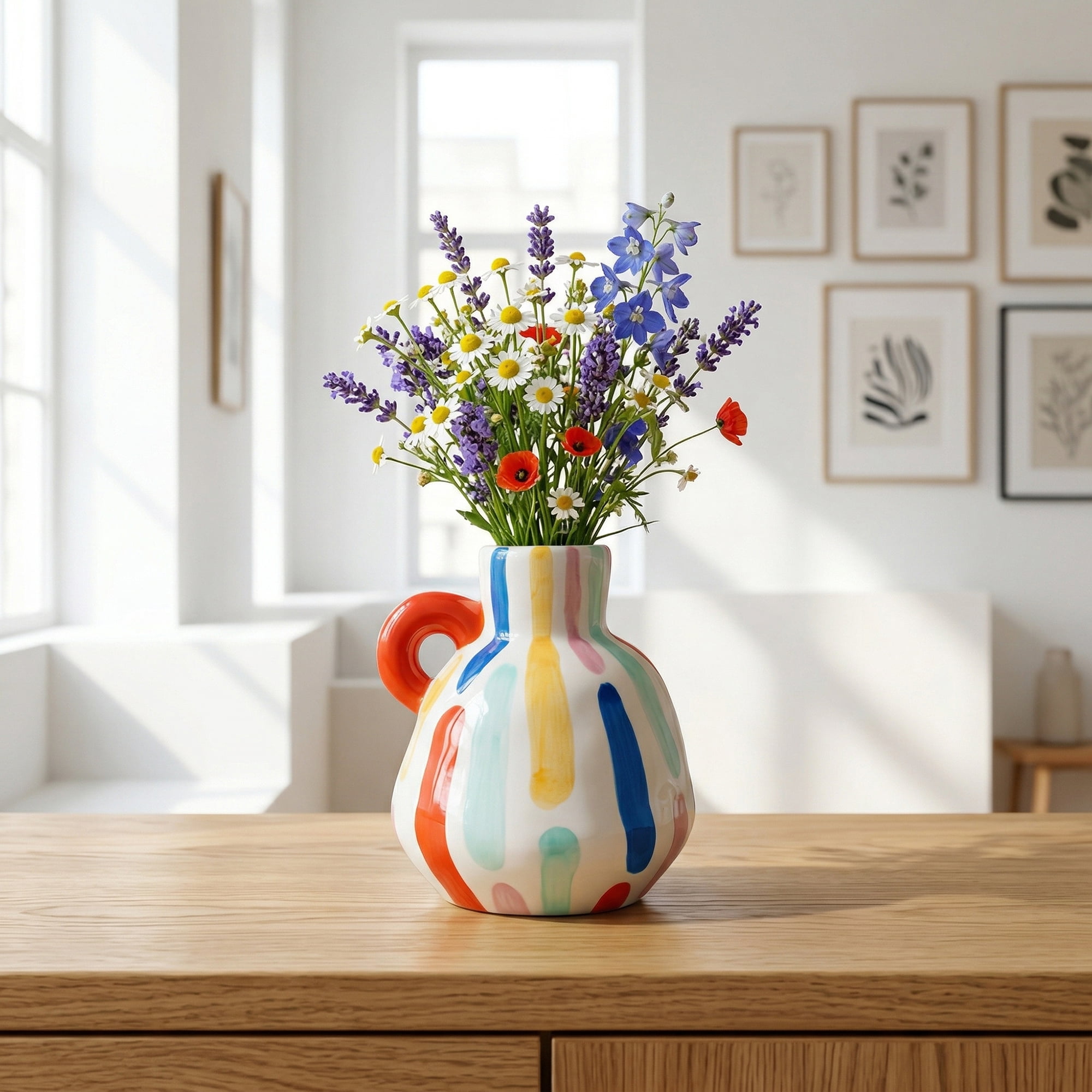 Unique Bargains Geometric Round Ceramic Flower Vase Colorful 4.3"L x 4.3"W x 5.1"H