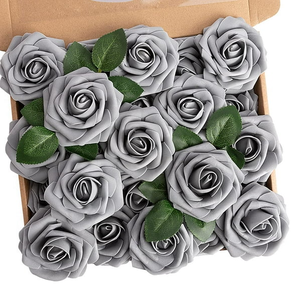 N&T NIETING Artificial Rose, 25pcs Gray Fake Foam Flowers with Stems for Wedding Party Baby Shower Cake Decoration, Home Display