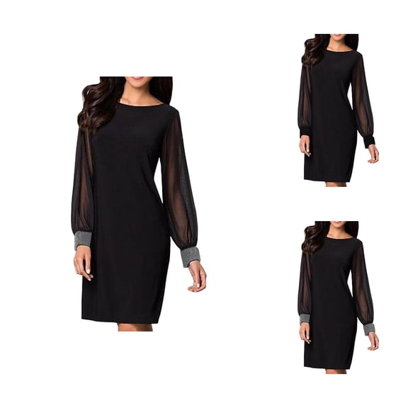 Elegant Dresses for Women Holiday Party Dresses for Women Shiny Mesh Stitching Black V Neck Mini Dress Long Sleeve Mesh Body Slim Dress