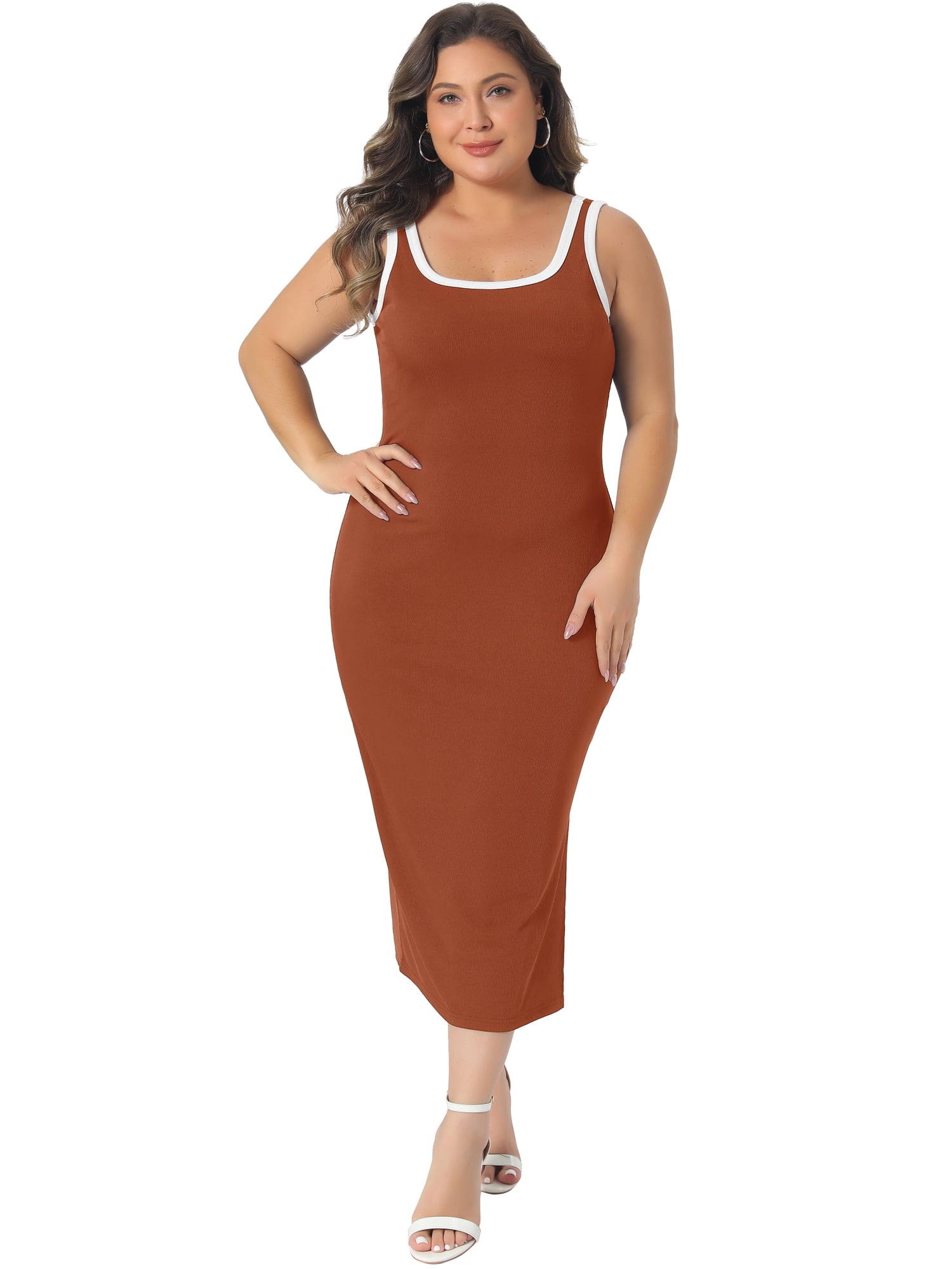 DARING DIVA Women's Plus Square Neck Sleeveless Bodycon Dress with Side Slit 2X Orange