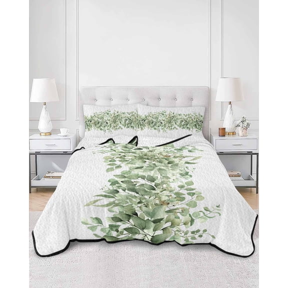 Quilts Queen Size, Sage Green Eucalyptus Leaves Soft Comforter Bedding Set for Bed, Spring Summer Botanical Floral Lightweight Quilted Bedspread with Pillow Cover(2 Pieces) for All Season, 90x96 Inch