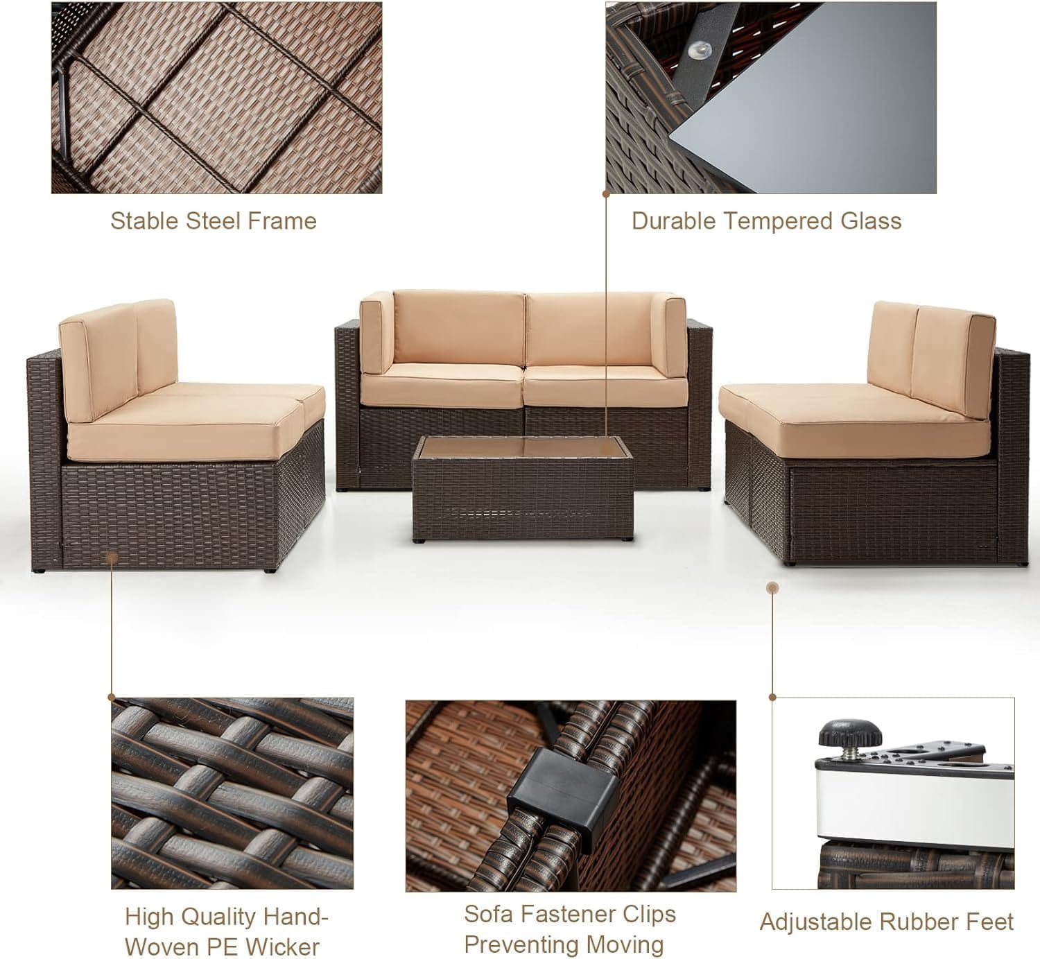 YODOLLA 7-Piece Patio Furniture Set with 43" Fire Pit Table, Rattan Wicker Outdoor Sectional Sofa Couch with Table Patio Conversation Set for Lawn& Backyard In Brown&Beige