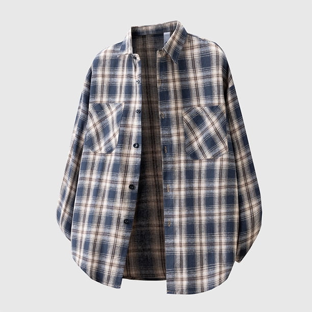 Blusa y camisa de manga larga con cuello vuelto para hombre, blusa informal a cuadros a la moda con botones y cuello vuelto, blusa de poliéster para hombre
