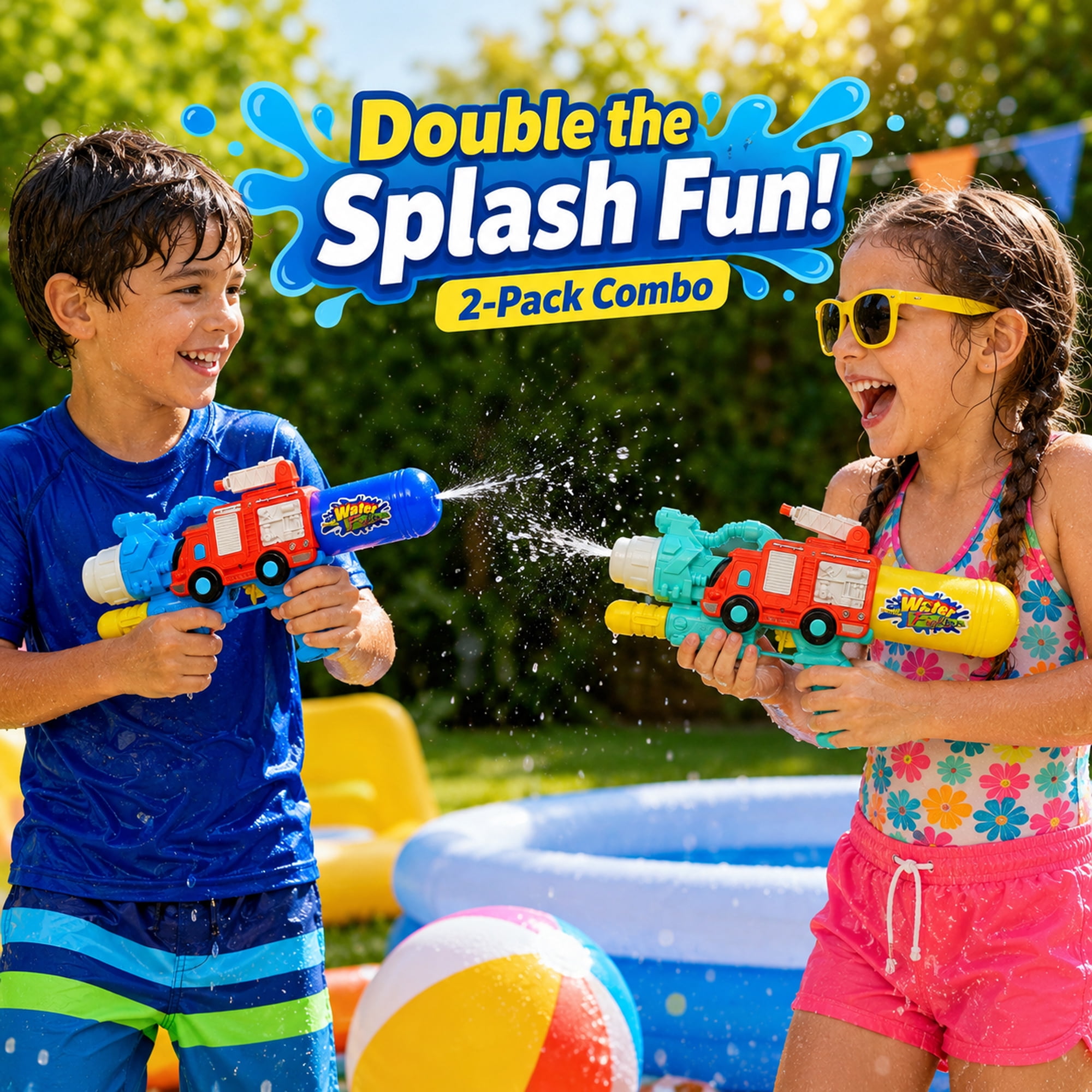 2-Pack Firetruck Water Blaster Outdoor Toys, 15 Inch Pump Action Water Spray Toy Set with Refillable Bottles, Tube Connection and Movable Ladder for Kids Summer Play
