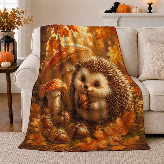 Whimsical Autumn Forest Hedgehog Acorn Woodland, Cozy Woodland Scene, Warm Flannel Blanket for Cabin and Lodge, Garden Lovers Thanksgiving Gift, Playful Home Decor