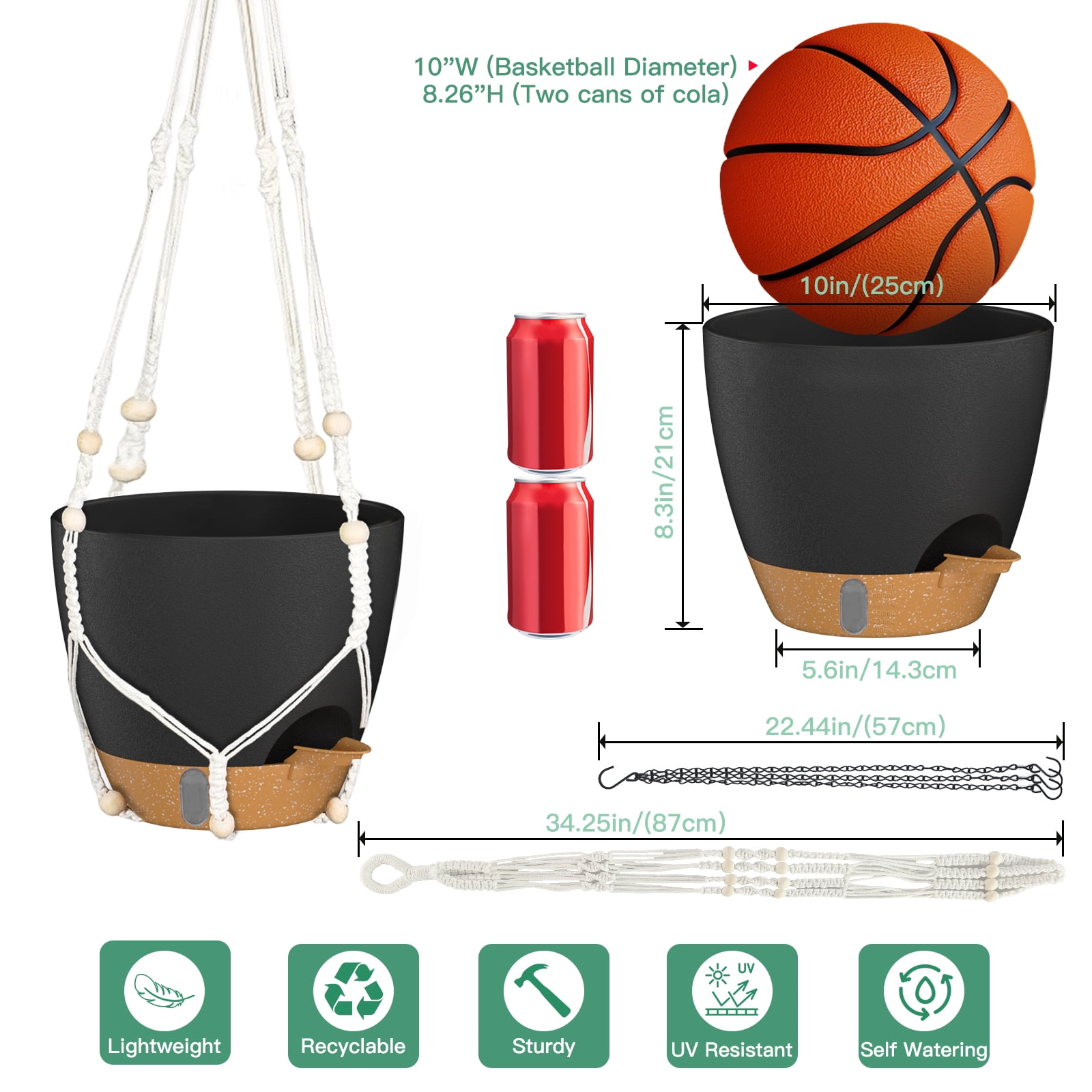 FIASON 2 Pack 10 Inch Matte Black Self-Watering Hanging Planters, Indoor Outdoor Flower Pots with Visual Water Reservoir, Drainage Holes & 2 Types of Plant Hangers for Garden Home Decor
