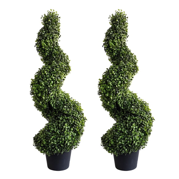 Damomo 3ft (2 Pieces) Artificial Boxwood Topiaries Trees Faux Topiary Spiral Tree Plastic Pot Fake Plants Green Decorative Indoor or Outdoor (35inch)