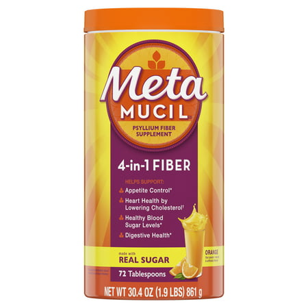 Metamucil Fiber, 4-in-1 Psyllium Fiber Supplement Powder with Real Sugar, Orange Smooth Flavored Drink, 72