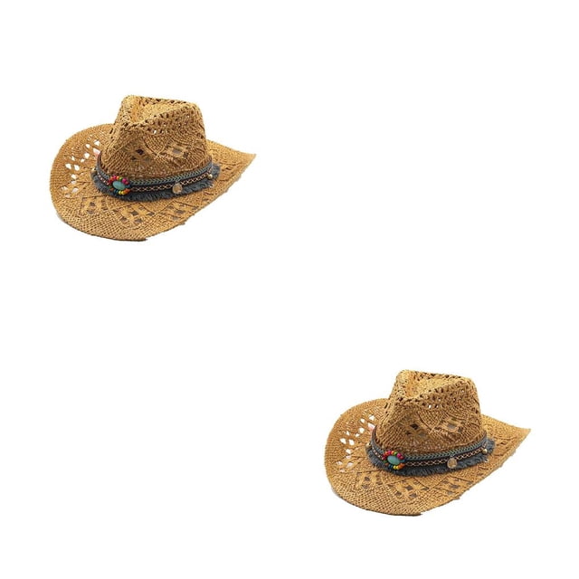 Sonducket Sombrero de paja de vaquero Tejido de ala ancha Casual Transpirable Verano al aire libre Senderismo Picnic Viajes Playa Gorra de Caqui 2Conjunto