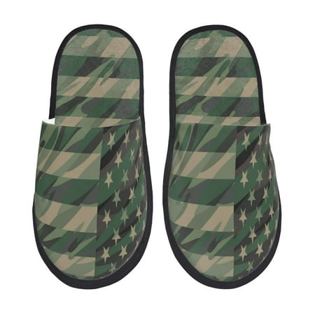 Balery Jungle Green Camo USA Flag Slient Indoor Furry Fleece Comfort House Shoes Soft Non-Slip Home Shoes Cotton slippers House Slippers-- Large