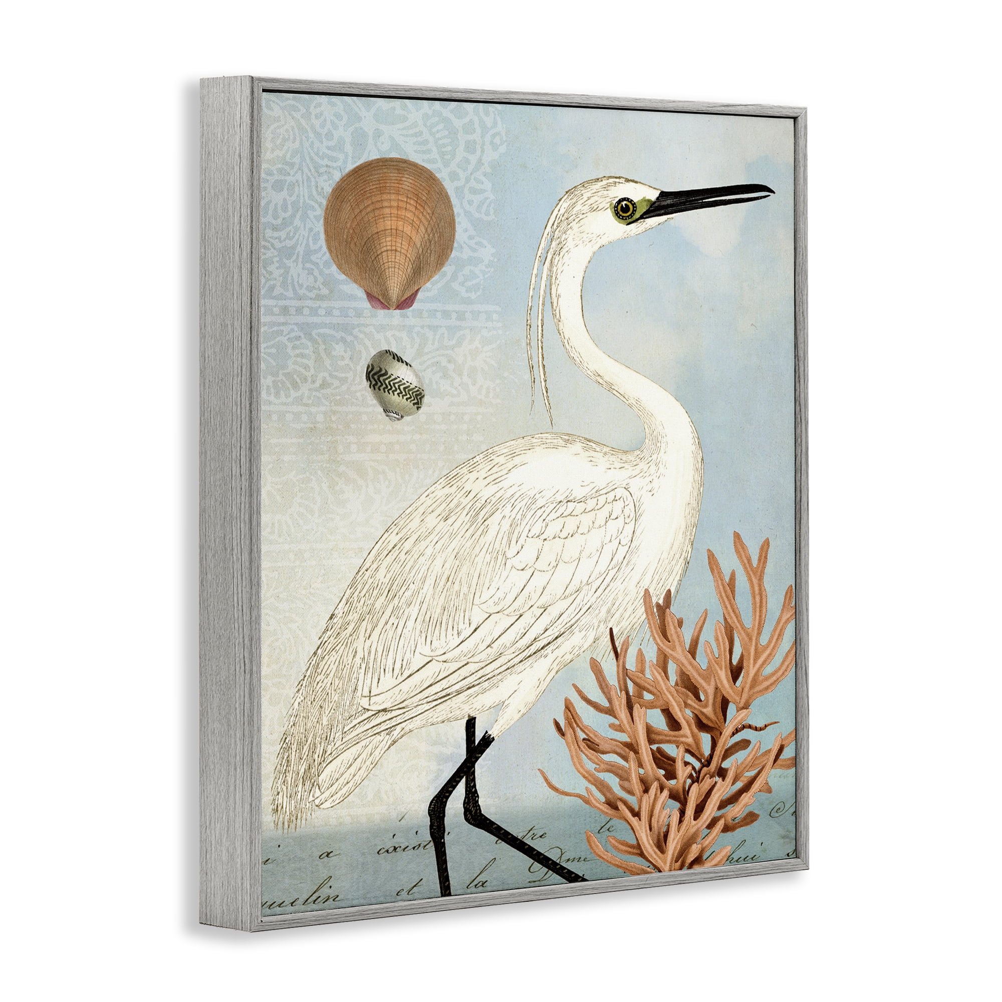 Stupell Industries Maritime Egret & Coral Animals & Insects Painting Gray Framed Art Print Wall Art, 11 x 14