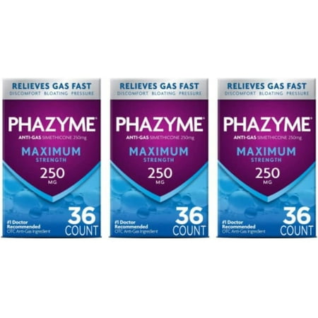 Phazyme Maximum Strength Gas & Bloating Relief, Works in Minutes, 36 Fast Gels (Pack of 3)