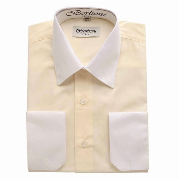 Men's Berlioni Two Tone French Contrast Convertible Cuff Long Sleeve Dress Shirt XL 36-37 Off White
