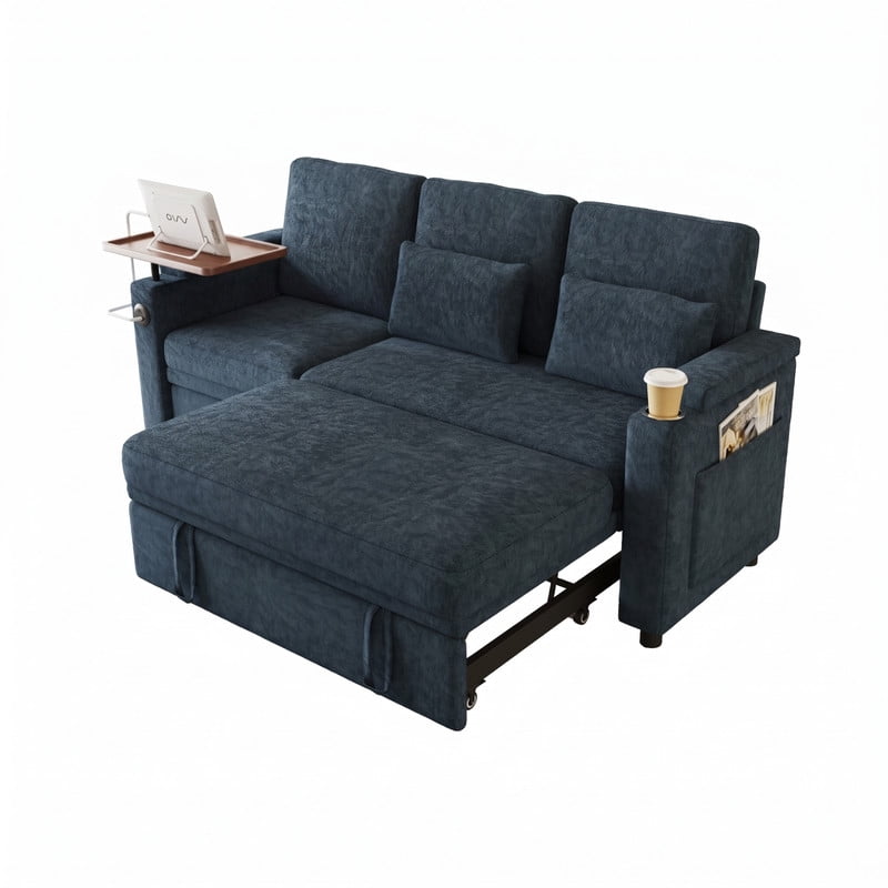 3-in-1 Convertible Sofa Bed, 3-Seater Chenille Couch with Adjustable Backrest, USB Charging Ports, Table Board and Storage Armrests, 81'' Foldable Sleeper Sofa for Living Room