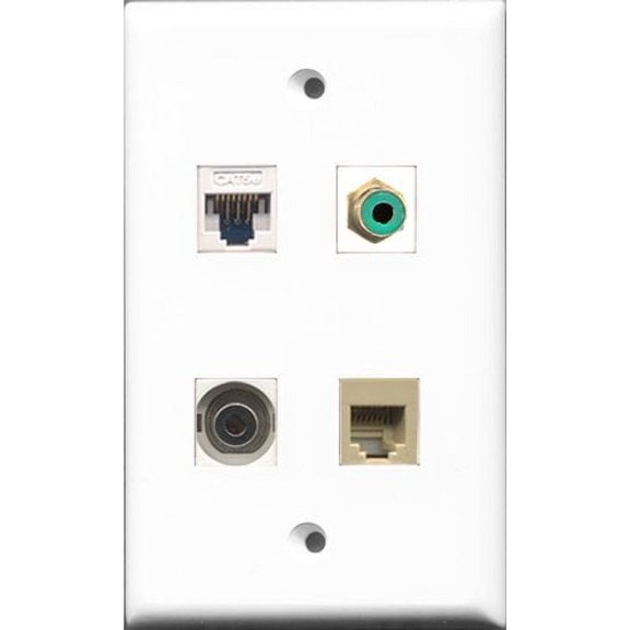 RiteAV 1 Port RCA Green and 1 Port Phone RJ11 RJ12 Beige and 1 Port 3.5mm and 1 Port Cat5e Ethernet White Wall Plate