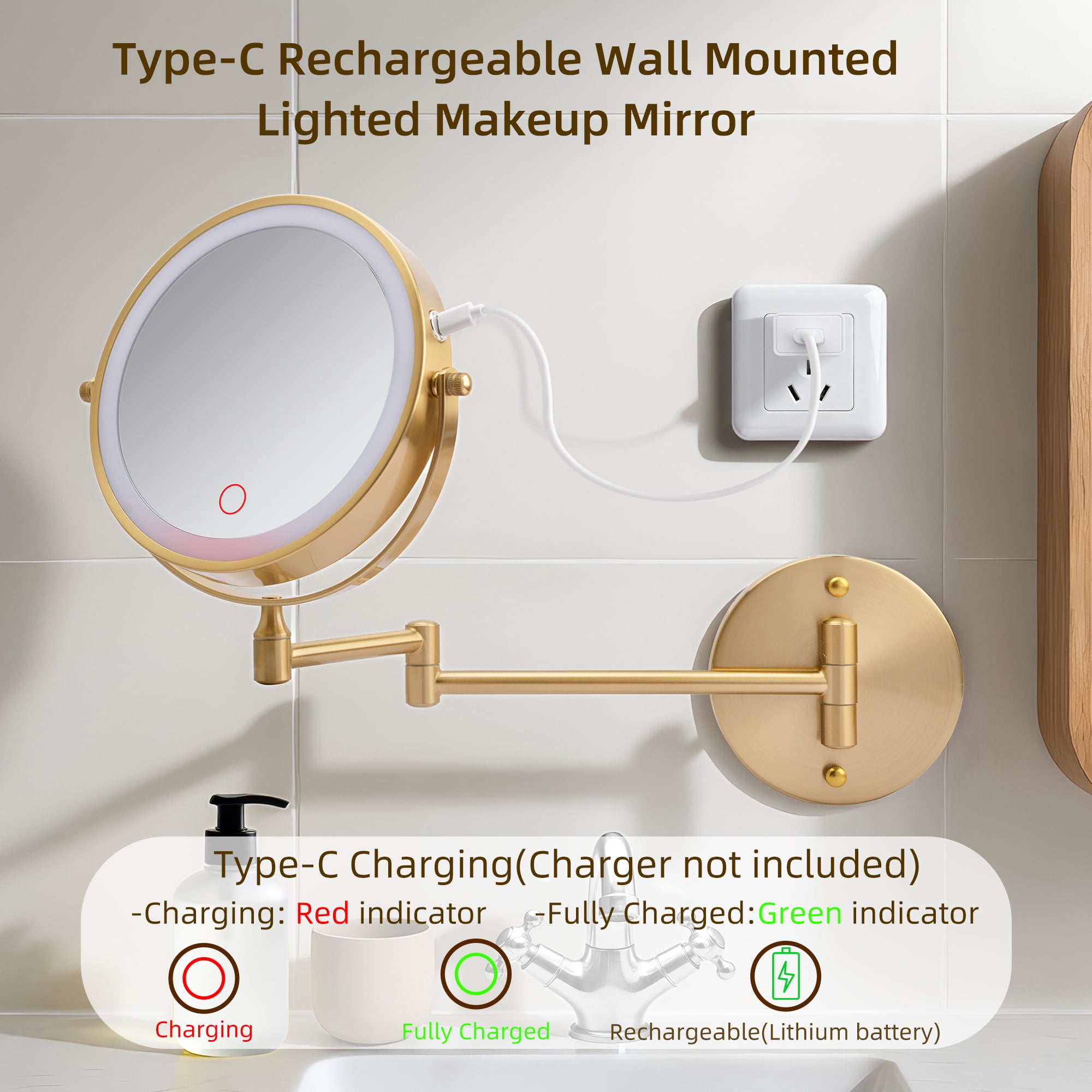 8-Inch Rechargeable Wall Mounted Makeup Mirror with LED Lights, 1X/10X Double-Sided Magnifying Mirror for Bathroom, Gold