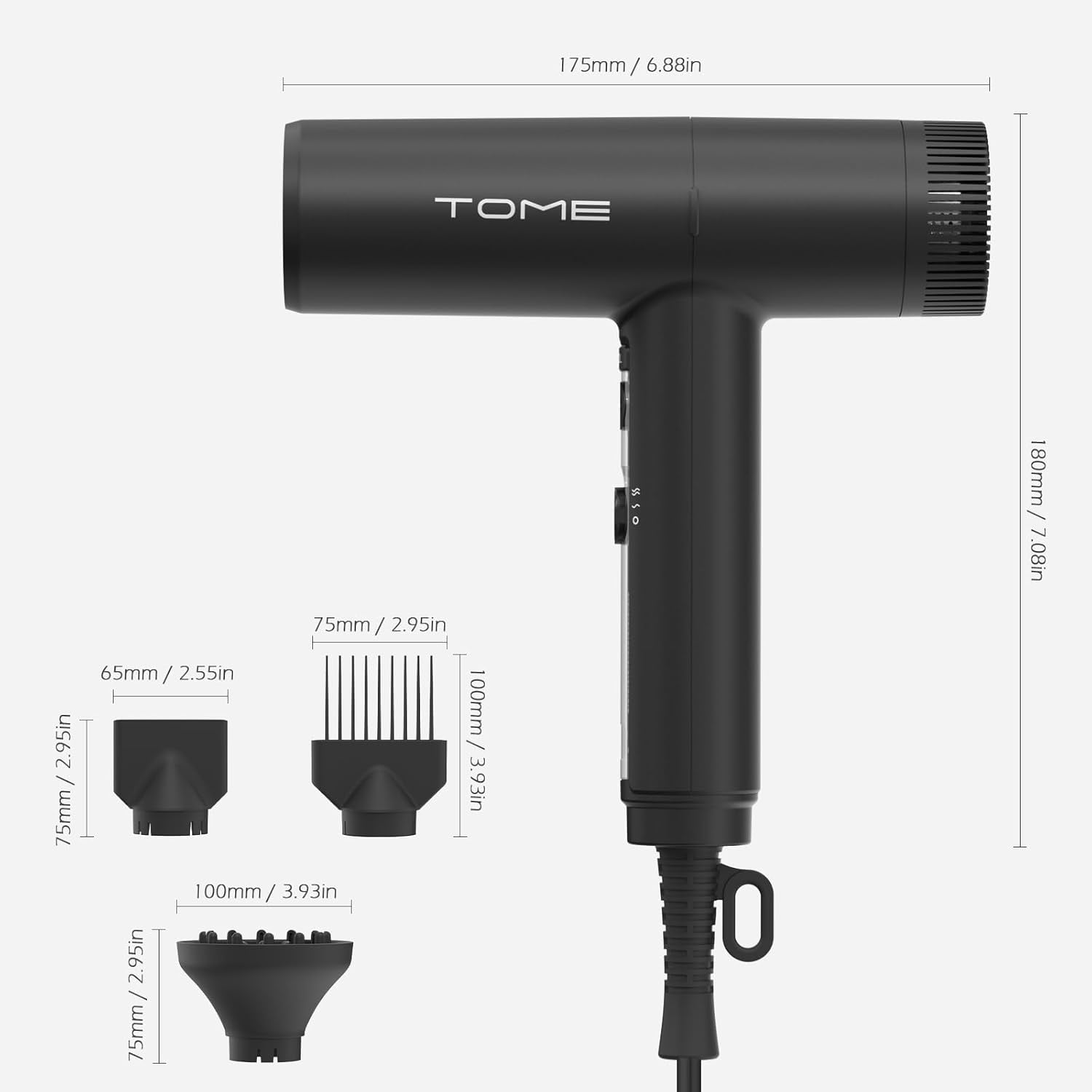 TOME 1875W Hair Dryer High Speed Motor Brushless 110000 RPM Blow Dryer Negative Ionic Cool Shot Lock with Diffuser Comb Nozzle,Black