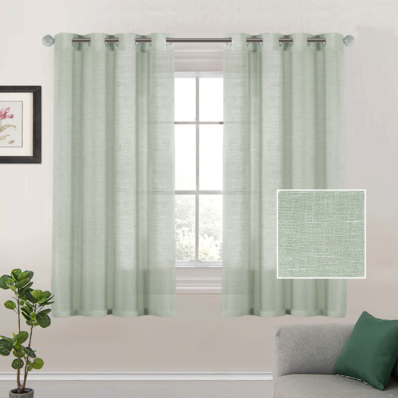 2 Curtains Linen Sheer Curtains 63 Inch Length Semi Sheer Curtains Silver Linen Curtain Panels for Living Room/Bedroom Light Filtering Curtains 2 Panels