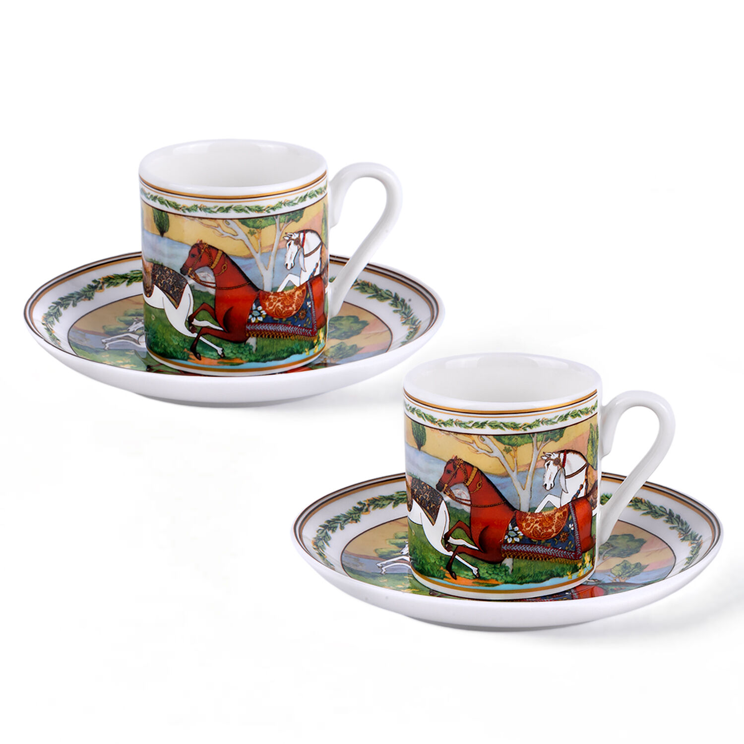 STP GOODS Running Horse Bone China Espresso Coffee Cup and Saucer Set of 4 for 2 in Gift Box 3.38 fl oz (100 ml) Porcelain Coffee Cup Set, White Green Yellow