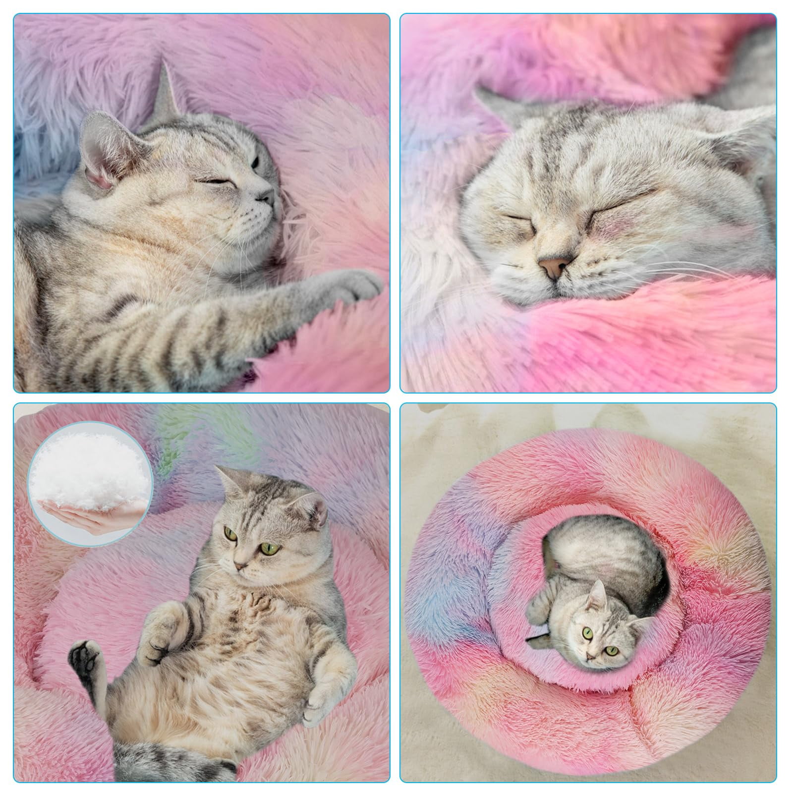 Nisrada 24 inch Calming Donut Dog/Cats Bed Medium Washable, Soft Warm Cozy Plush Round Fluffy Pet Bed, Rainbow
