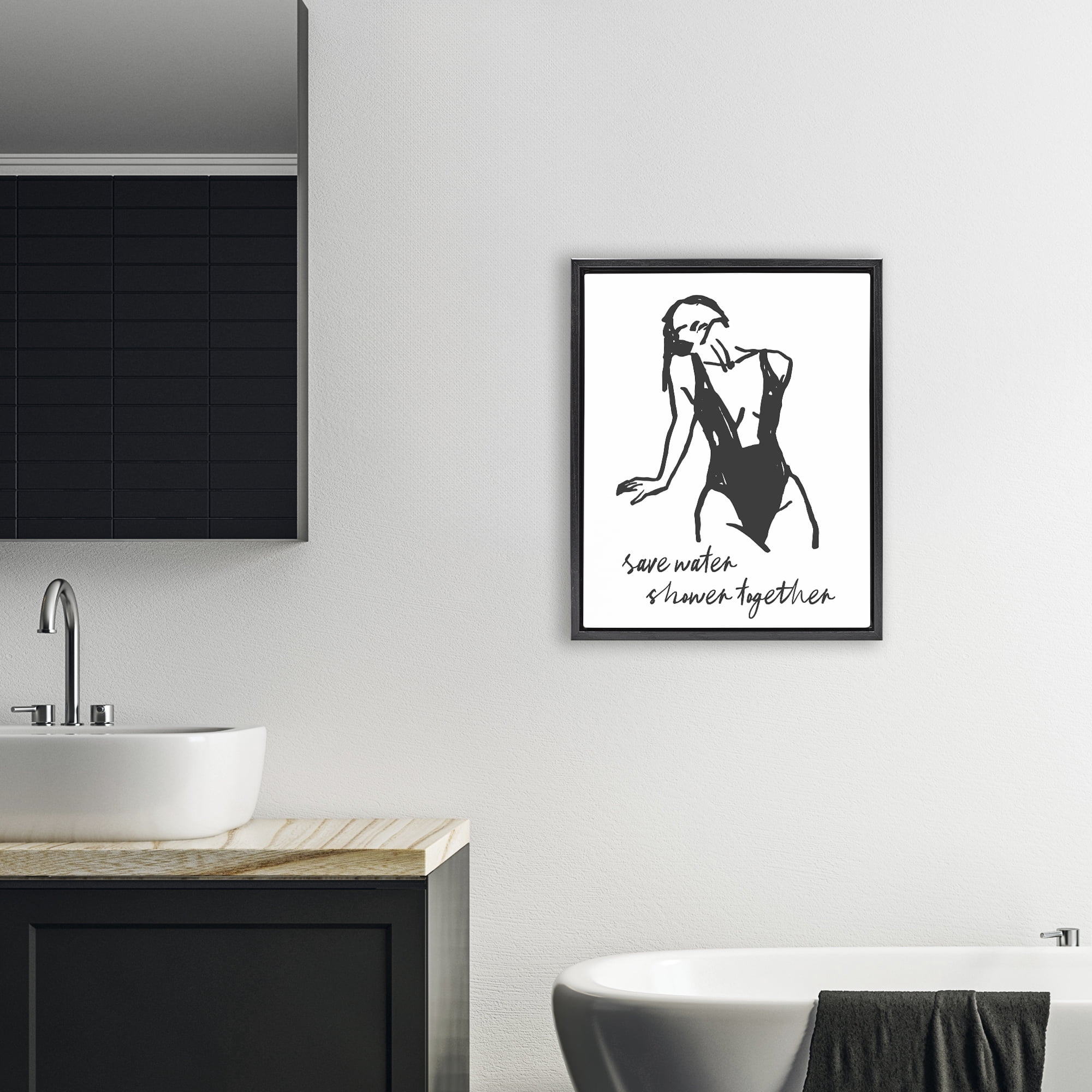 Stupell Industries Save Water Shower Together Black Framed Floater Canvas Wall Art, design by Lettered and Lined