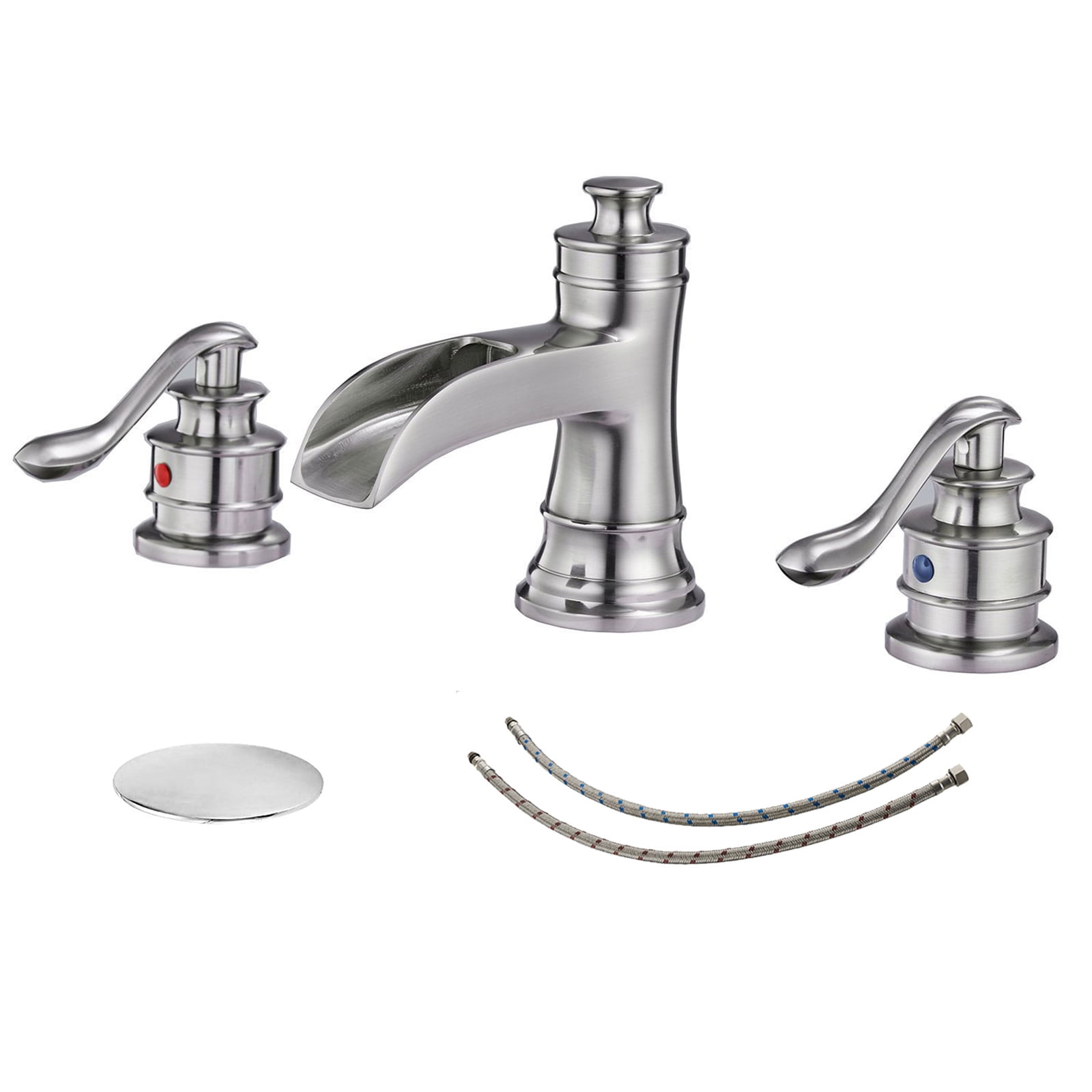 Bathroom Sink Vanity Faucet Brushed Nickel 3 Hole Waterfall Basin Mixer w/Drain
