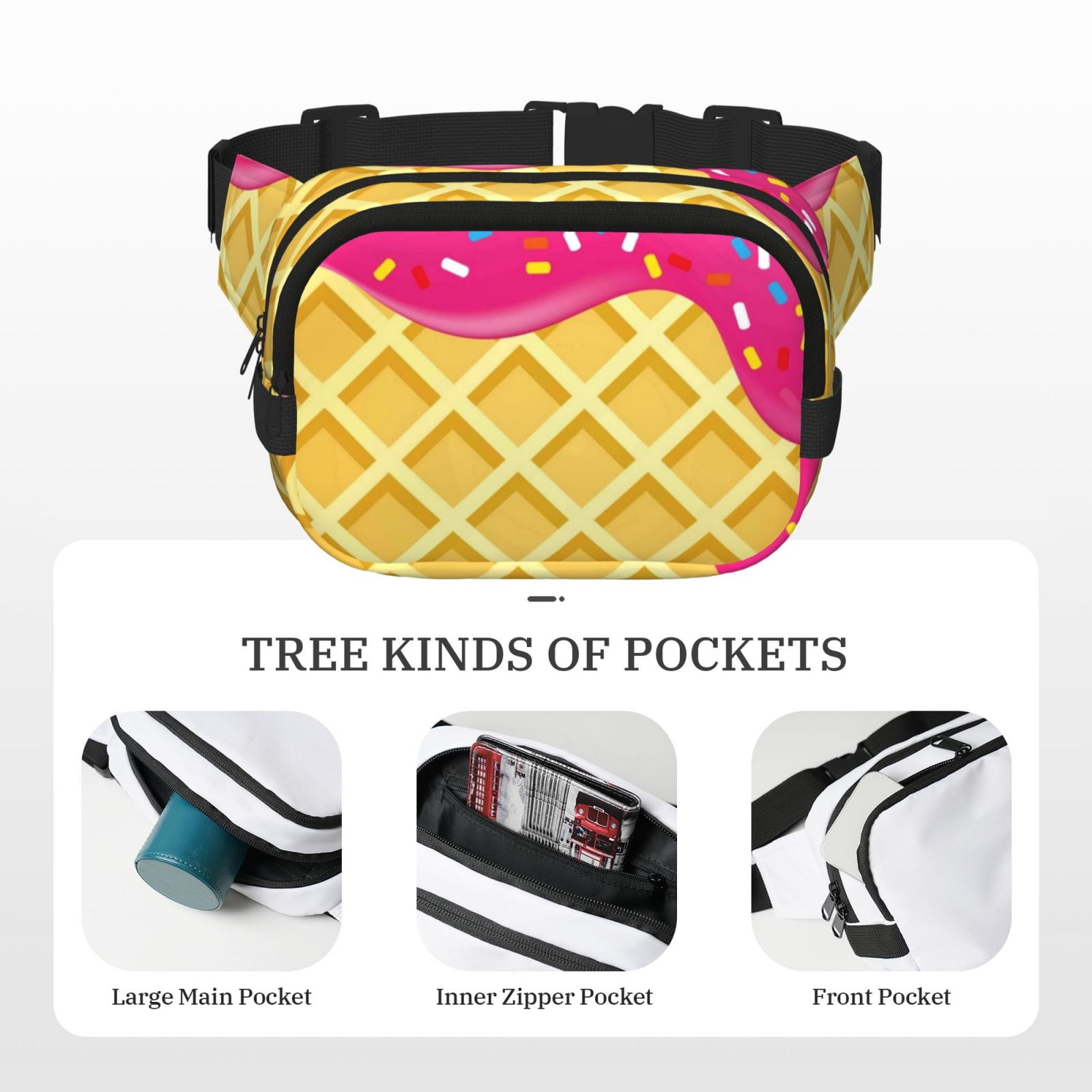 Rateoe Red Ice Cream Print Fanny Pack Belt Bag for Women and Men, Square Double-Layer Waterproof Waist Pack with Adjustable Strap for Hiking, Jogging, Cycling