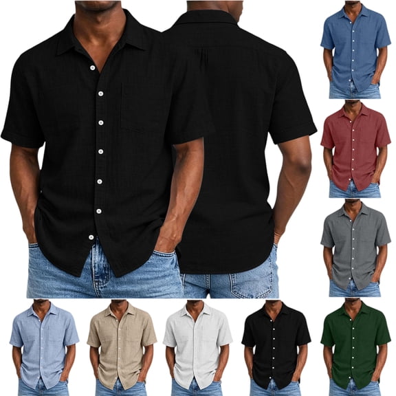 Men Linen Shirts Short Sleeve Stand Collar Button Summer Blouse Tops