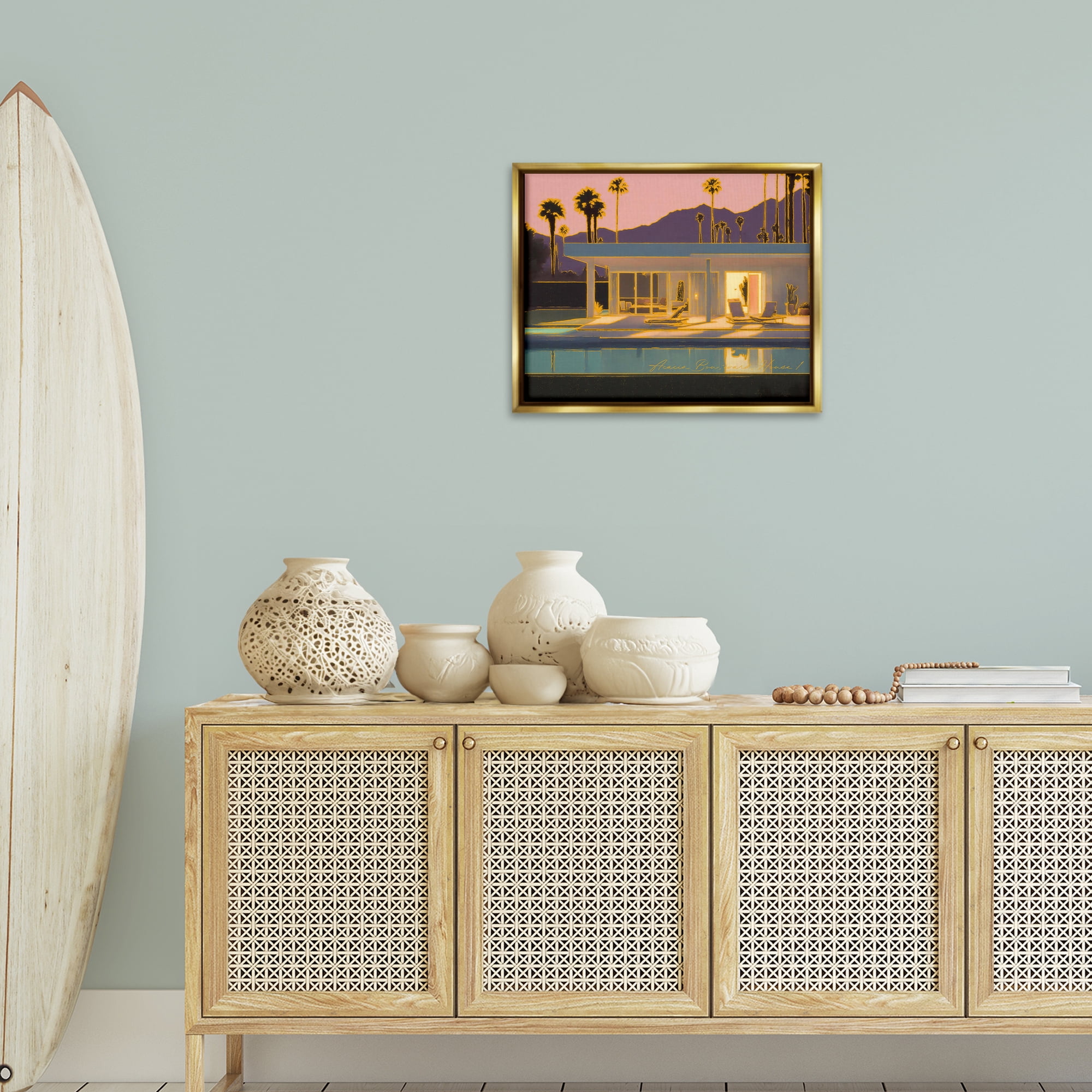 Stupell Industries Sunset Glow Summer Pool Landscape & Nature Painting Gold Floater Framed Canvas Art Print Wall Art, 21 x 17