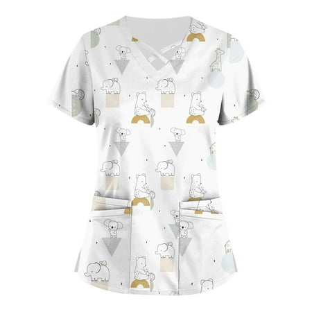 

Yubatuo Women Plus Size Scrubs Top with Pockets V-Neck Short Sleeve Printed Work Blouse for Women White 4XL